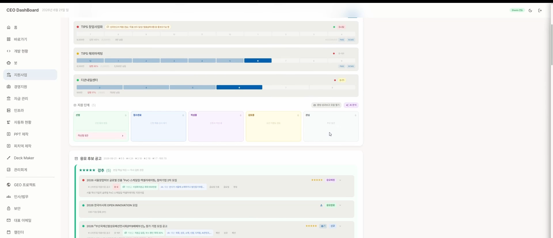 관심·검토·작성·접수·선정 단계별로 지원사업을 관리하는 화면